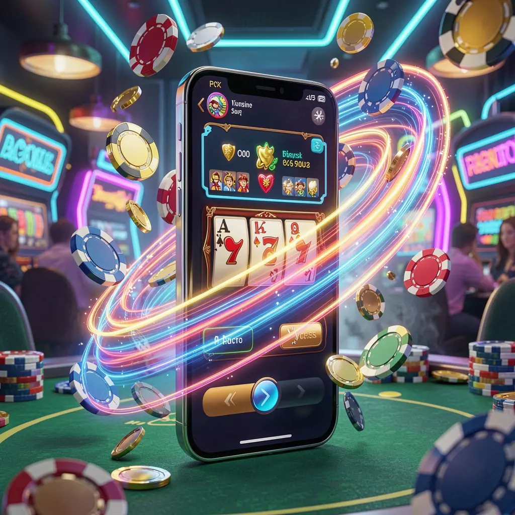 JOY555 fast casino app access visual featuring a smartphone with speed light trails, coins and chips flying around against a modern neon casino background in a dynamic 3D render