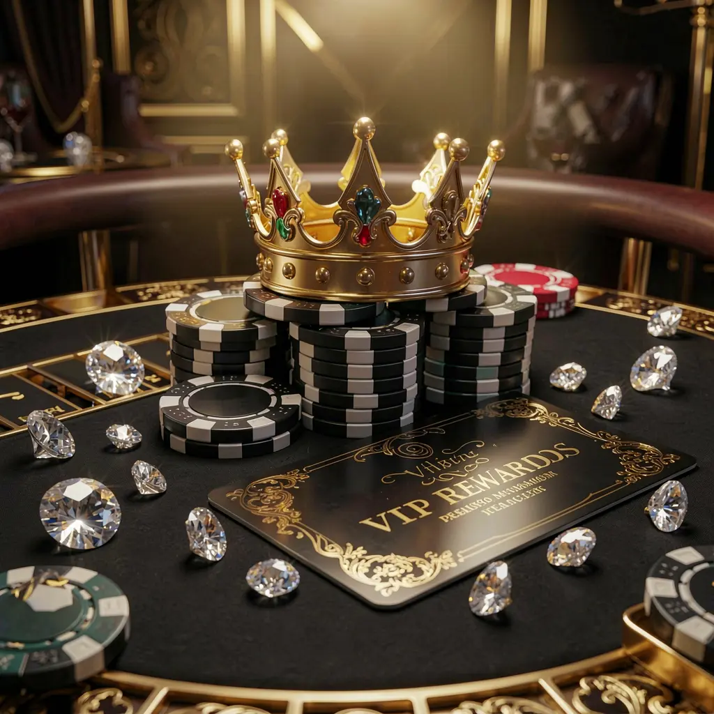 Elegant golden crown resting on poker chips with sparkling diamonds and a premium membership card against a luxury black and gold background, showcasing JOY555 VIP casino rewards in an exclusive high-end casino atmosphere