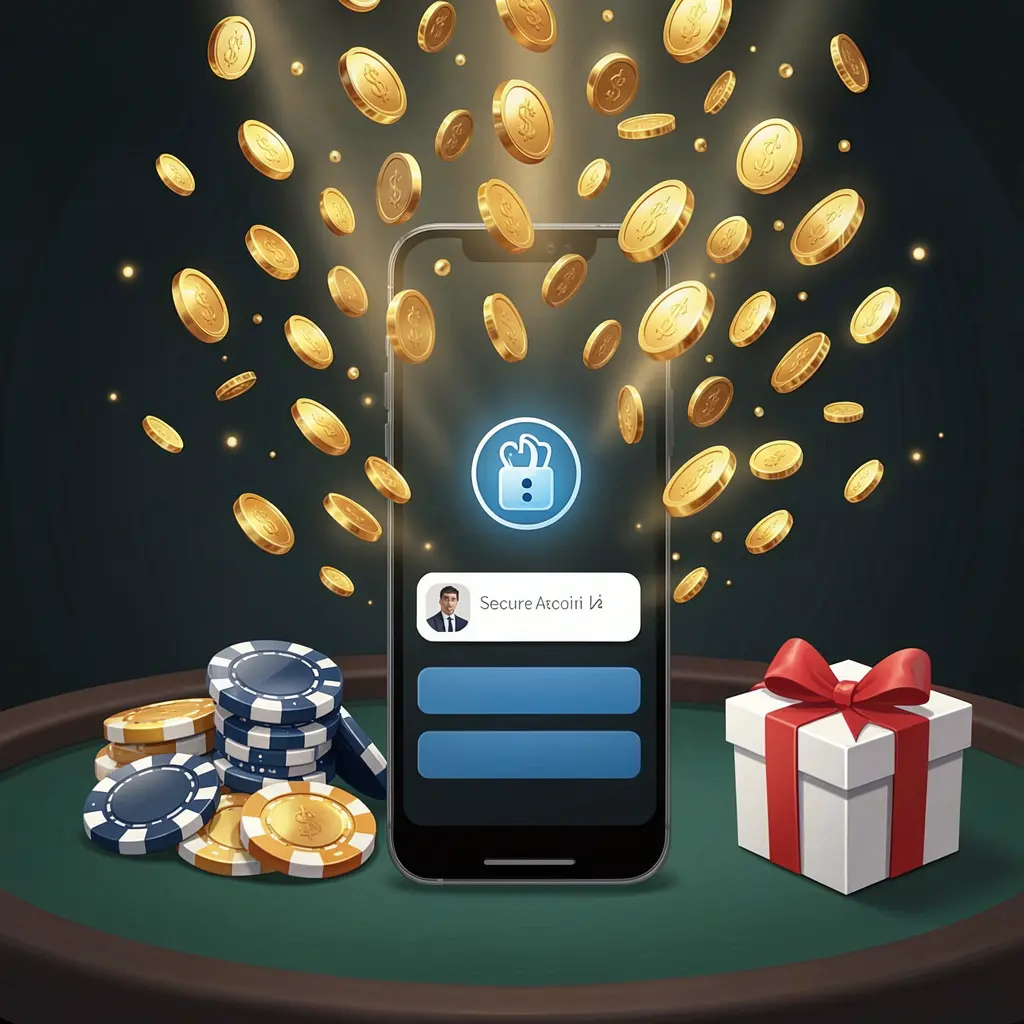 JOY555 casino user login illustration showing a phone with a secure access icon, golden coins bursting from the screen, poker chips and a gift box nearby on a dark premium background