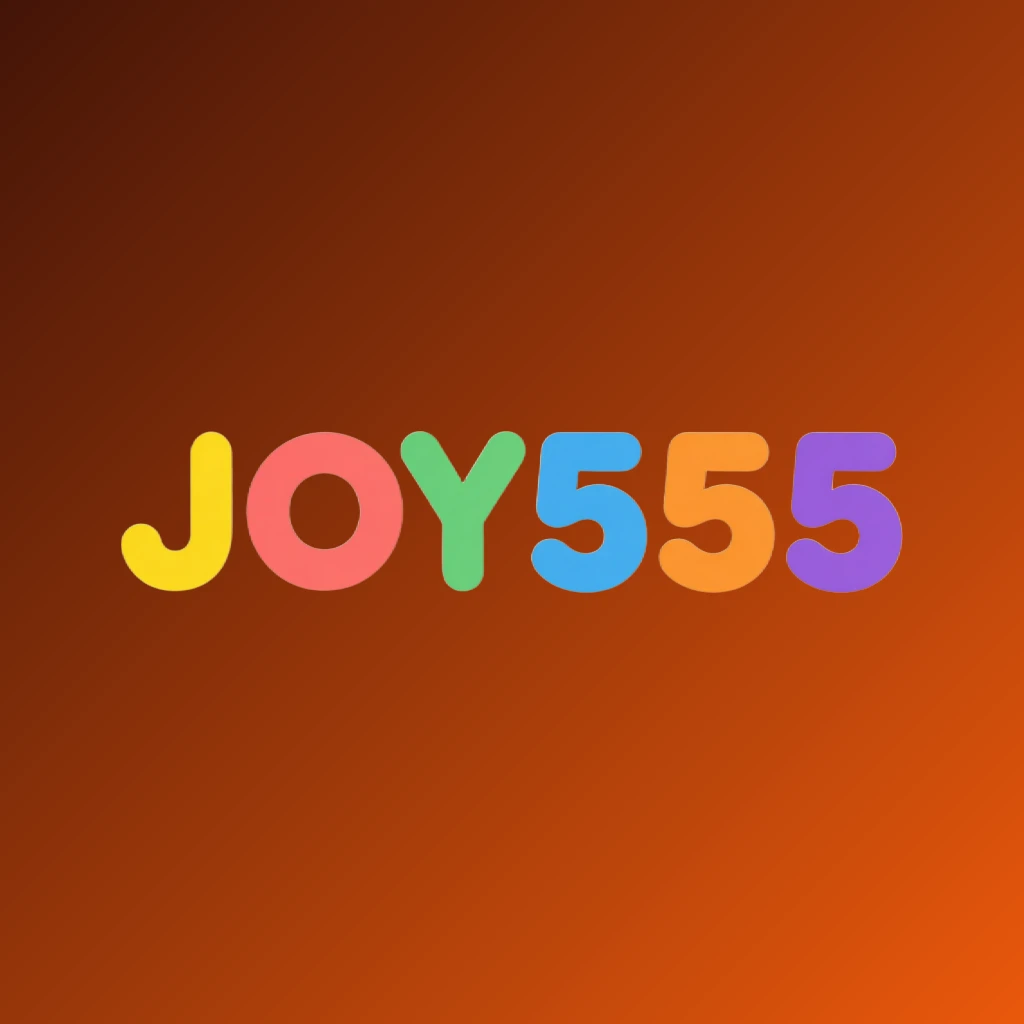 JOY555 playful entertainment logo with bright colors and rounded typography in a joyful modern style on a transparent background, designed as a horizontal rectangular wordmark for website header