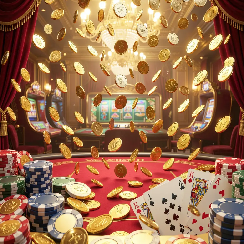 JOY555 online gaming platform homepage banner featuring bright casino lights, golden coins raining, poker chips and playing cards in a luxury red and gold atmosphere with high detail 3D render